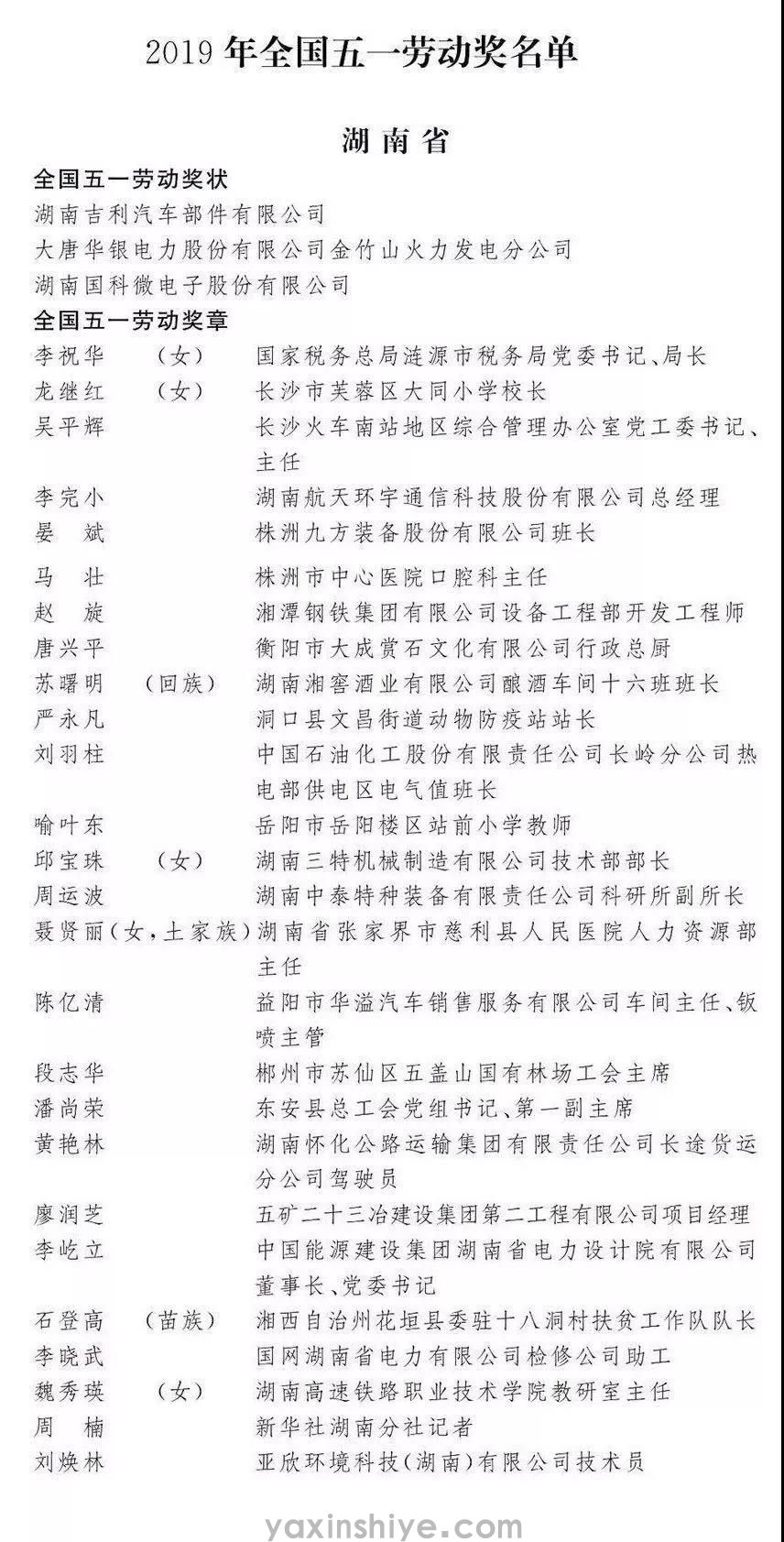 喜訊丨亞欣劉煥林榮獲“2019年(nian)全國(guo)五一(yi)勞動(dòng)獎章” (圖1)